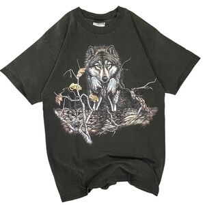 Vintage Optima Wolf Graphic T-Shirt Double Sided Faded Black Mens Medium